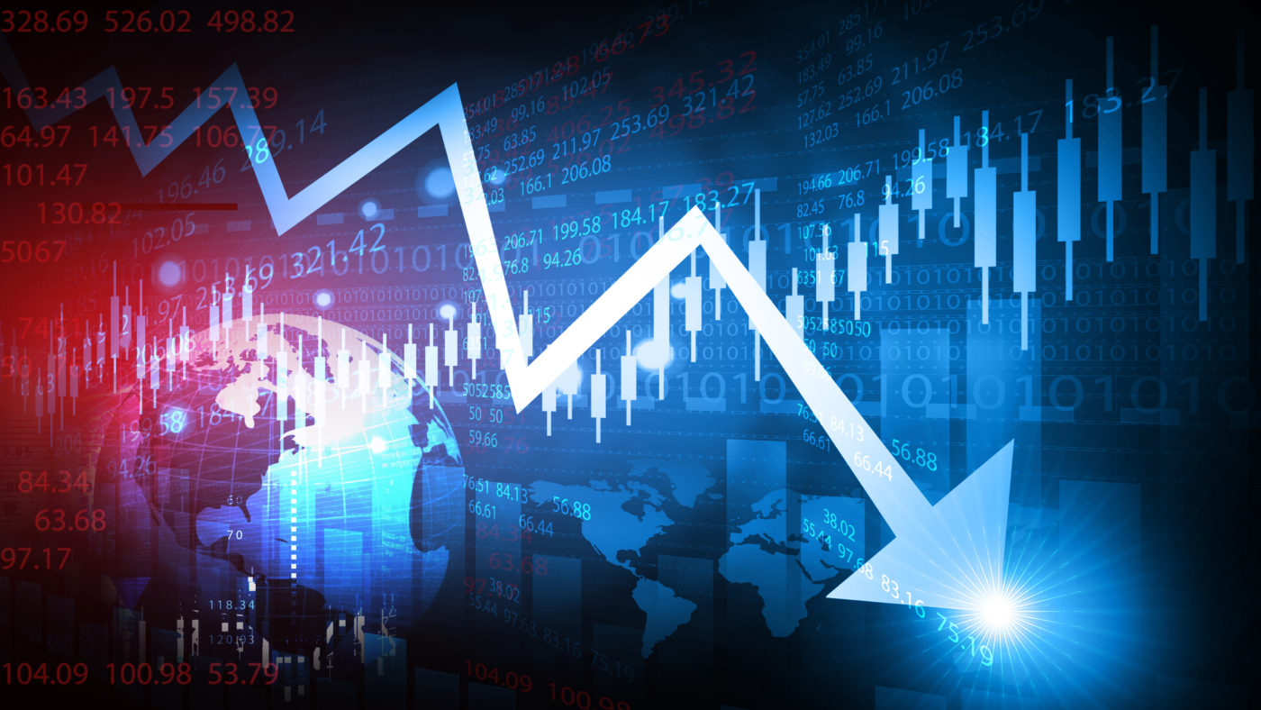 Decreasing arrow shows stock market crash. 3d illustration